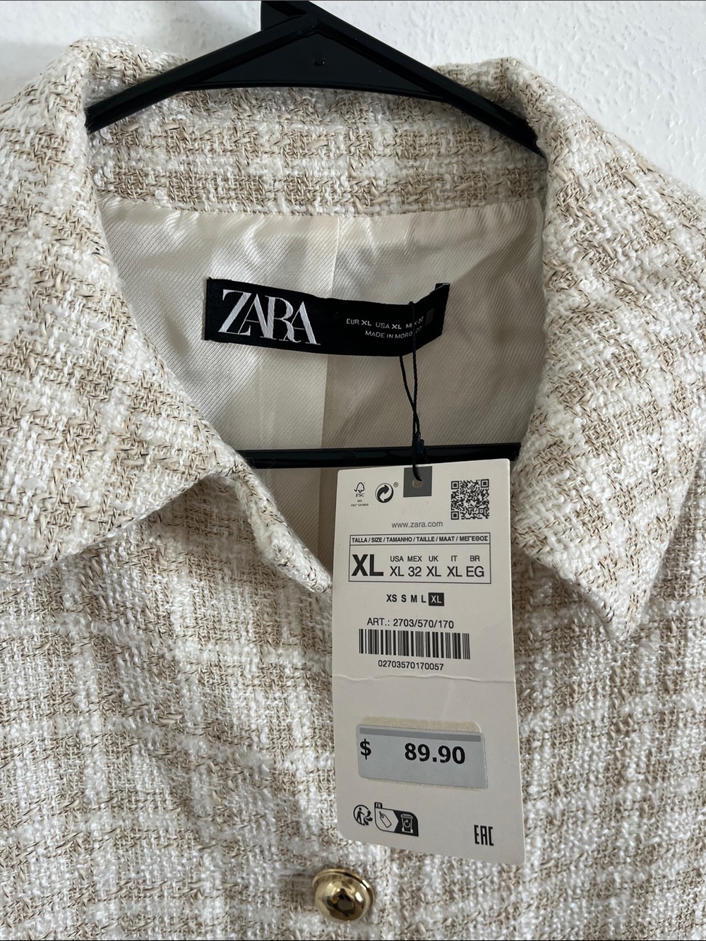 Zara Cream Tweed Cropped Blazer with Gold Buttons New XL - Picture 3 of 5